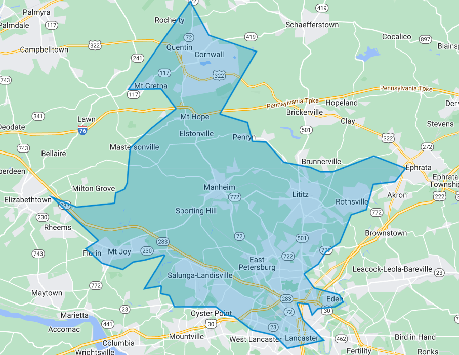 Garman's Cleaning, Manheim, PA service area map.