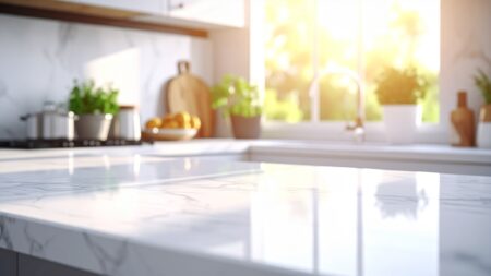 Freshly cleaned kitchen with gleaming stone countertops.