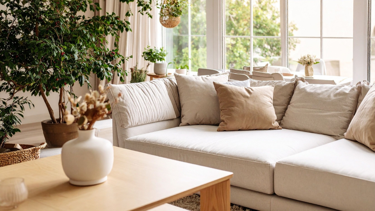 Professional deep cleaning leaves a bright living room with a fresh, tidy sofa.